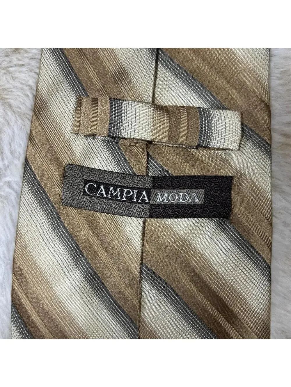 Campia Moda Silk Tie Gold Brown Gray Striped Classic 3.25”